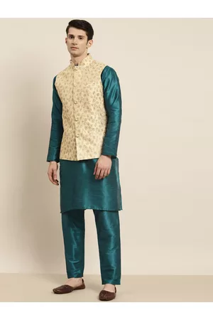 SOJANYA Men Teal Kurta with Churidar & Nehru Jacket