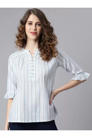 Janasya Women Striped Mandarin Collar Bell Sleeves Cotton Top