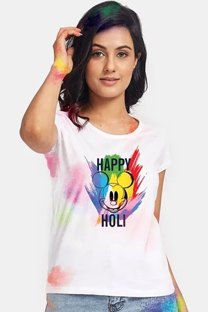 BonOrganik Women White Happy Holi Disney Printed Cotton T-shirt