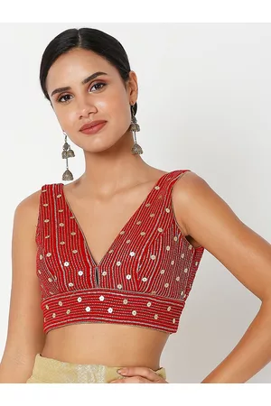 SALWAR STUDIO Women Red Embroidered Valvet Saree Blouse