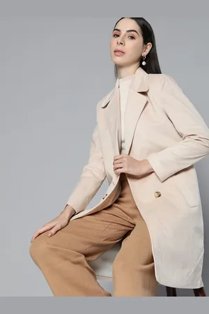 Chemistry Women Beige Solid Corduroy Overcoat