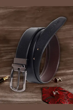 MUTAQINOTI Men Black Textured Reversible Leather Belt