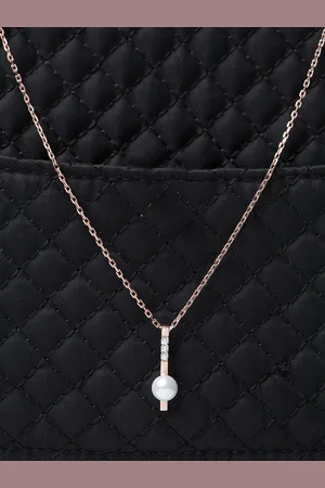CLARA Hallmarked Pure 92.5 % Sterling Silver Rose Gold-Plated White Pearl & Cubic Zirconia Studded Pendant With Chain