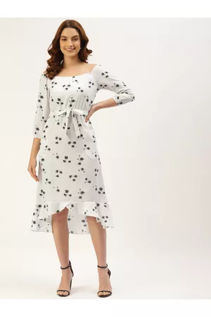 BRINN White & Black Floral Print A-Line Midi Dress