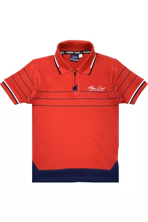 CAVIO Boys Red & Navy Blue Striped Polo Collar T-shirt