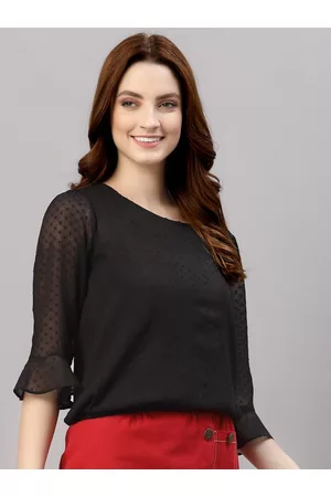 NEUDIS Women Black Chiffon Self Design Ruffle Sleeve Regular Top