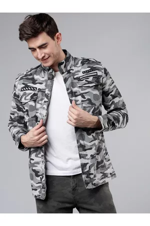 LocoMotive Men Black & Grey Camouflage Printed Tailored Jacket