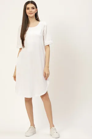 BRINN White Solid Pure Cotton A-Line Midi Dress