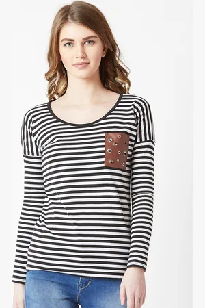 Miss Chase Women Black Striped Pure Cotton Top