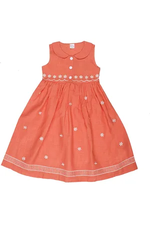 KICKS & CRAWL Girls Coral and White Peter Pan Collar Linen Dress