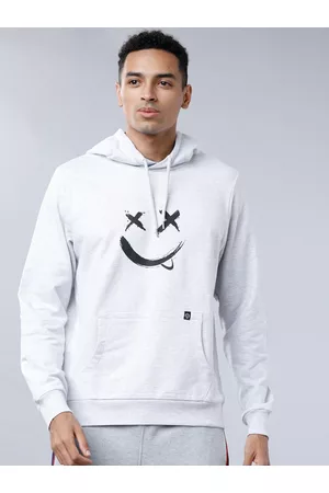 LocoMotive Men Grey & Black Printed Hooded Sweatshirt