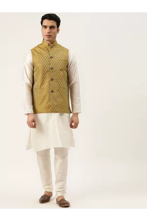 SOJANYA Men Off White Solid Kurta Set With Printed Jacket