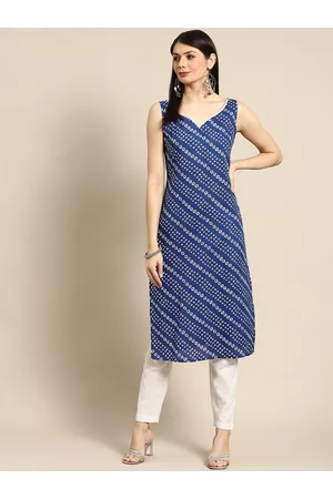anayna Women Navy Blue & White Bandhani Printed Pure Cotton Gotta Patti Kurta