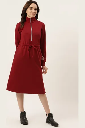 BRINN Maroon Fleece Sweatshirt Style Midi Dress