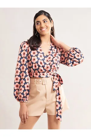 20Dresses Blue & Peach Floral Printed Cropped Wrap Top
