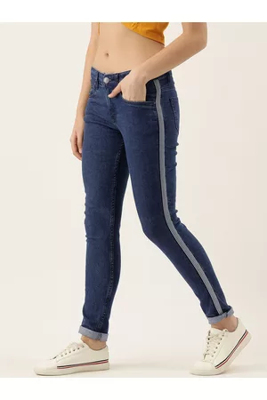 Campus Women Navy Blue Cotton Slim Fit Mid-Rise Clean Look Jeans with Side Stripe
