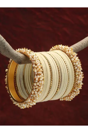 Shining Diva Set Of 23 Gold-Plated & White Pearls Beaded Bangles
