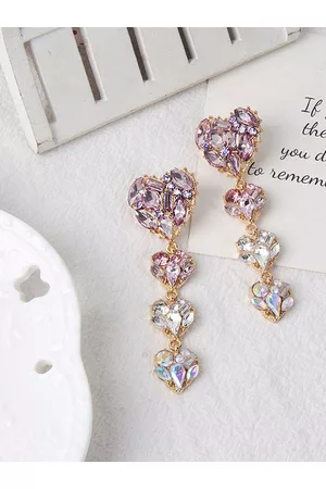 Yellow Chimes Women Multicolored Crystal Studded Heart Shape Drop Dangle Earrings