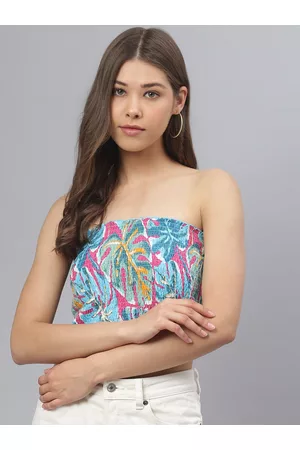 DEEBACO Turquoise Blue & Pink Floral Print Smocked Tube Crop Top