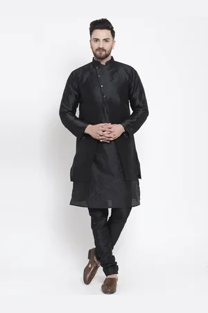 Kaifoo Men Black Layered Kurta with Churidar & With Jacket