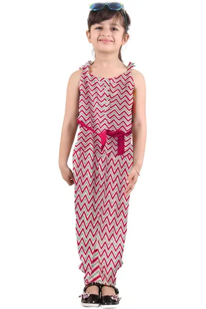 Kids On Board Girls Pink & Green Chevron Printed Basic Jumpsuit