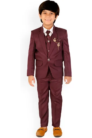 DKGF FASHION Boys Maroon Regular Fit 5pc Suit