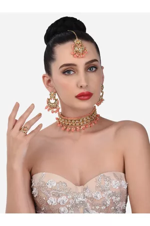 Zaveri Pearls Gold-Plated Peach Stone Studded & Beaded Jewellery Set