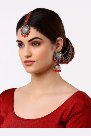 Arrabi Red Oxidised Kundan Studded Maang Tika & Earrings Set