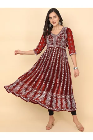 HERE&NOW HERENOW Scoop Neck Chikankari Embroidered Thread Work Georgette Anarkali Kurta
