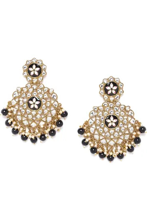 Jewels Galaxy Black & Off-White Gold-Plated Stone-Studded & Beaded Classic Drop Earrings