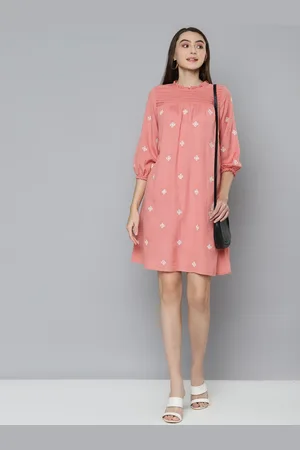 Scouph Peach-Coloured Ethnic Motifs Embroidered A-Line Dress