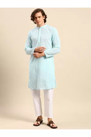 Anouk Men Blue Ethnic Motifs Embroidered Pure Cotton Kurta with Pyjamas