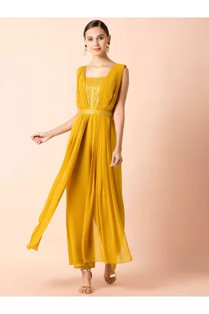 INDYA Women Sequin Jumpsuits - X Shraddha Kapoor Women Yellow & Silver-Toned Sequin Double Dupatta Belted Jumpsuit