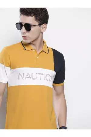 Nautica Men Mustard Yellow & White Pure Cotton Colourblocked Polo Collar T-shirt