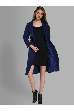 JC Collection Women Navy Blue Solid Notched Lapel Trench Coats