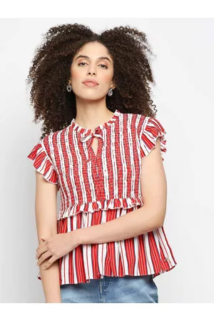 Pepe Jeans Red Striped Mandarin Collar Top With Ruffles & Smocking