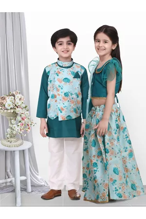BownBee Boys Green Printed Attached Jacket Kurta with Pyjamas