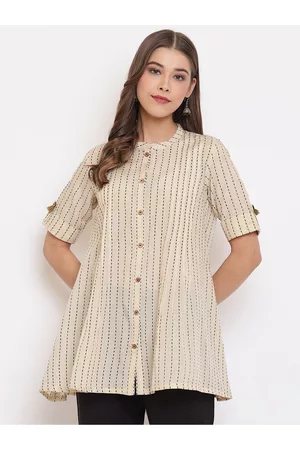 Janasya Women Beige Striped A-Line Longline Top