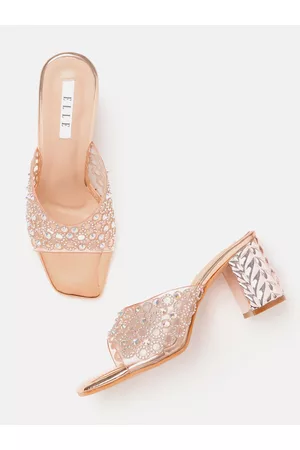 Elle Transparent & Rose Gold Embellished Ethnic Block Heel Sandals