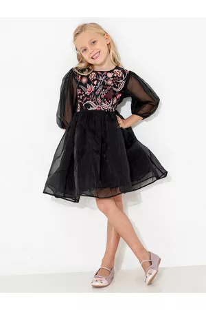 Cherry Crumble Girls Black Embroidered Mistletoe Dress