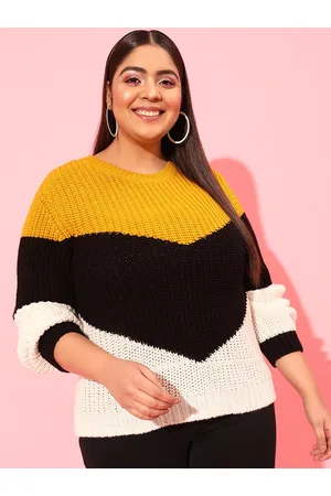 CURVY STREET Plus Size Women Yellow & Black Colourblocked Acrylic Pullover