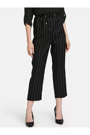 Kazo Women Black Loose Fit Striped Cropped Peg Trousers