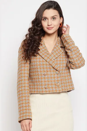 MADAME Women Mustard Checked Cottton Blazer