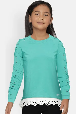 METRO KIDS COMPANY Girls Turquoise Blue Solid Organic Cotton Sweatshirt With Lace