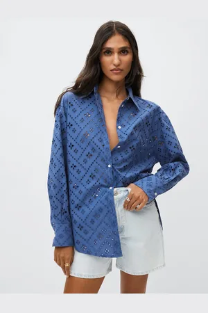 MANGO Women Navy Blue Pure Cotton Schiffli Casual Shirt