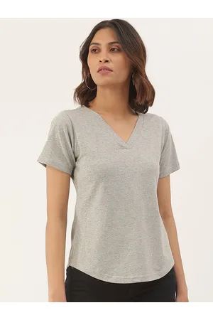 BRINN Women Grey Melange V-Neck Cotton T-shirt