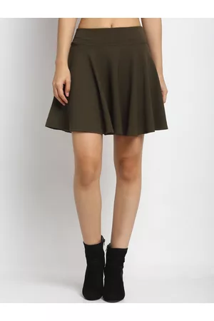 NEUDIS Women Olive-Green Self Design Flared Mini Skater Skirt