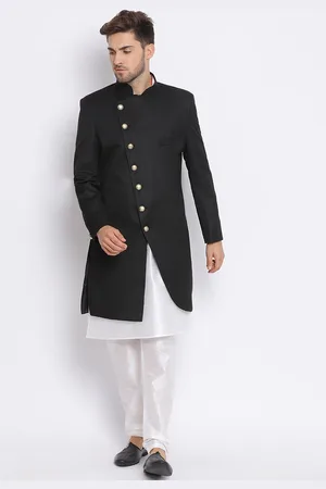 Hangup Men Black & White Solid Silk Sherwani Set