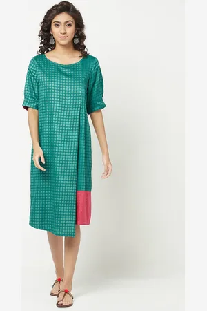 Fabindia Women Green Geometric Printed A-Line Dress