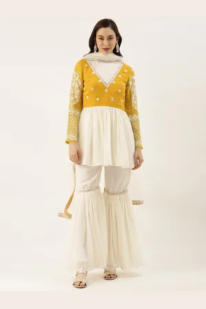 Ethnovog Women Off-White Mustard Yellow Made To Measure Embroidered Kurta Set